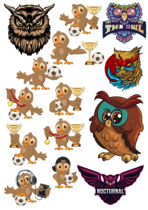 Set of Cartoon Owl Characters and Colorful Owl Emblems Free Vector