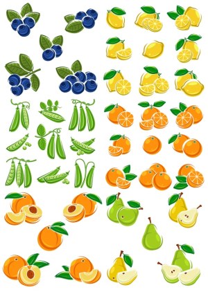 Colorful Vector Illustrations of Blueberries, Lemons, Peas, Oranges, Apricots, and Pears Free Vector