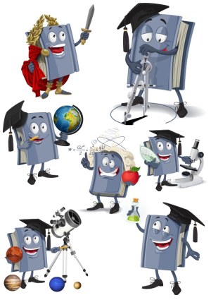 Cartoon Book Characters in Academic and Scientific Roles Free Vector