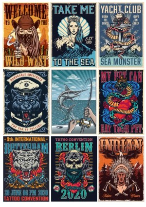 Set of Vintage Tattoo Style Poster Vectors with Wild West, Sea, and Warrior Themes Free Vector