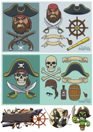 Set of Pirate Vector Elements Including Characters, Skulls, Swords, Hats, and Nautical Items Free Vector