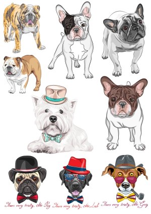 Vector Illustrations of Various Dog Breeds in Different Poses and Costumes Free Vector