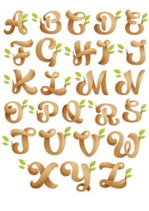 Wooden Texture Alphabet with Green Leaves Vector Free Vector