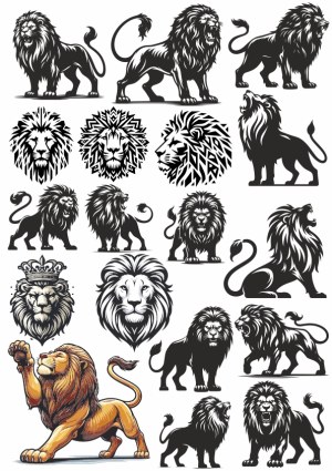 Set of Black and White Lion Silhouette and Tribal Head Vector Illustrations Free Vector