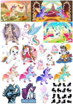 Collection of Colorful Cartoon Unicorn Illustrations and Silhouettes Free Vector