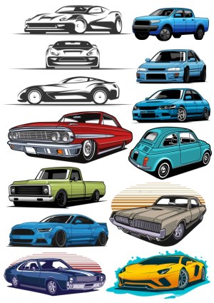 Detailed Vector Illustrations of Various Classic and Modern Cars and Trucks Free Vector