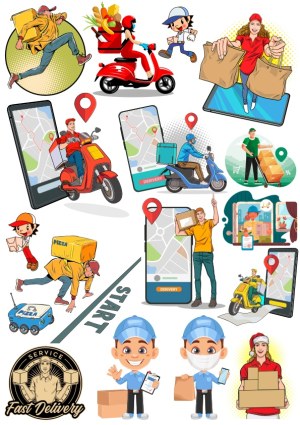 Delivery Service and Food Courier Vector Collection Free Vector