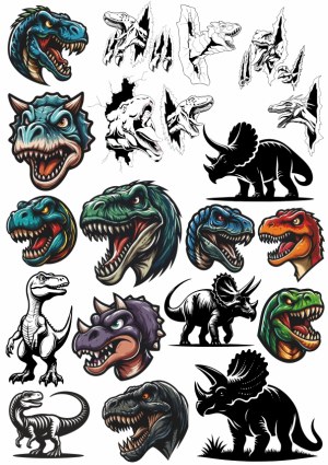 Colorful and Black Dinosaur Heads and Silhouettes Vector Set Free Vector