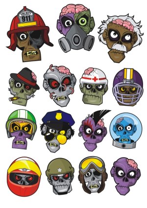Cartoon Zombie Heads with Various Helmets and Accessories Free Vector
