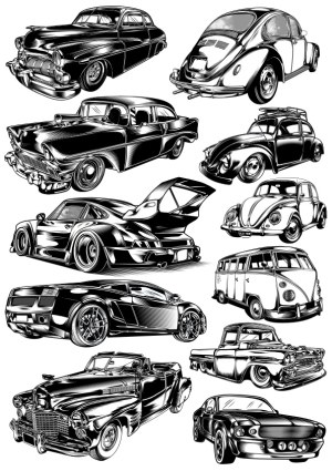 Black and White Classic and Sports Car Vector Illustrations Free Vector