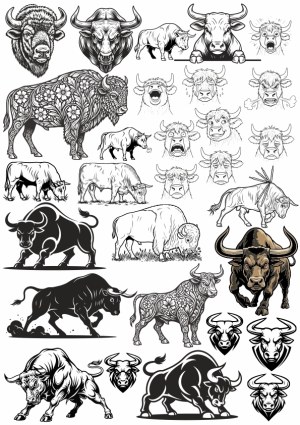 Collection of Bull and Bison Vector Illustrations and Head Designs Free Vector