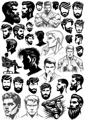 Collection of Male Silhouettes and Portraits with Various Hairstyles and Beards Free Vector