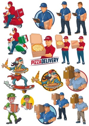 Pizza Delivery Characters and Icons Vector Set Free Vector