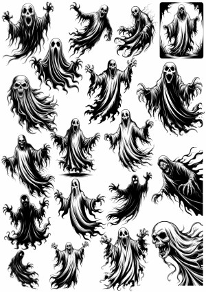 Set of Black and White Ghost Illustrations Free Vector