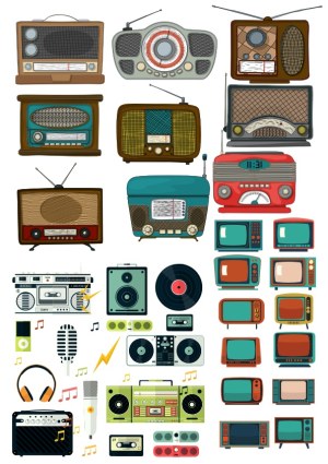 Retro Electronics Vector Collection: Vintage Radios, Televisions, Music Players, and Audio Equipment Free Vector