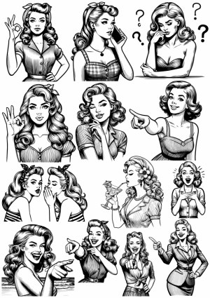 Set of Retro Vintage Style Women Illustrations with Various Expressions and Gestures Free Vector
