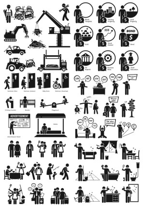 Construction, Public Facilities, Financial Concepts, and Daily Life Pictogram Icons Free Vector