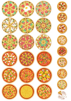Vector Set of Various Whole and Sliced Pizzas with Different Toppings Free Vector