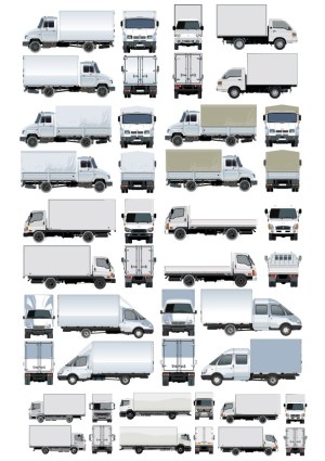 Set of Various Box and Flatbed Trucks in Multiple Views Free Vector