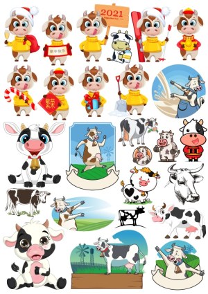 Collection of Cute and Cartoon Cow Illustrations and Chinese New Year Designs Free Vector