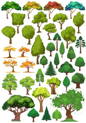 Collection of Various Tree Vector Illustrations in Different Seasons and Styles Free Vector