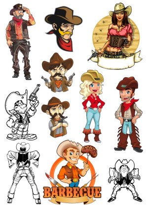 Collection of Cartoon Western Cowboys and Cowgirls Vector Illustrations Free Vector