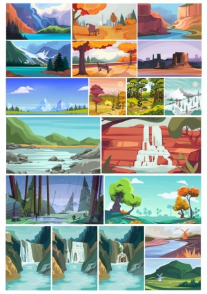 Collection of Vector Landscapes Featuring Lakes, Mountains, Forests, Waterfalls, and Countryside Free Vector