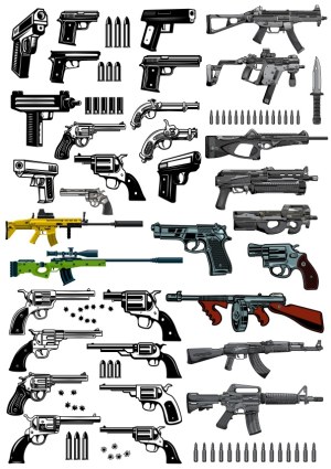 Collection of Various Handguns, Rifles, Ammunition, and Knives Vector Illustrations Free Vector