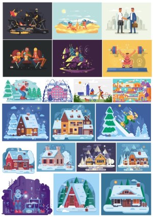 Various Detailed Vector Illustrations Including Winter Houses, Sports, Sci-Fi, and Everyday Life Scenes Free Vector
