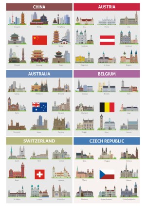 Famous City Landmarks and Flags of China, Austria, Australia, Belgium, Switzerland, and Czech Republic Free Vector