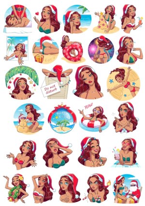 Holiday Beach Woman Santa Hat Vector Stickers Free Vector