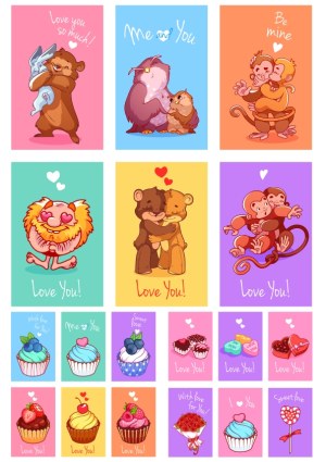 Cute Valentine Animals and Sweet Cupcake Vector Collection Free Vector