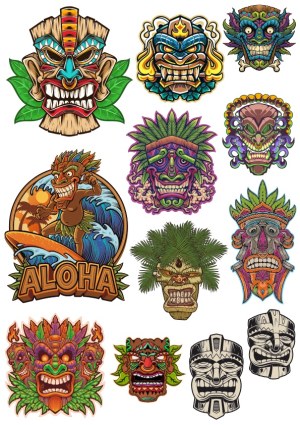 Colorful Hawaiian Tiki Masks and Surfing Vector Set Free Vector
