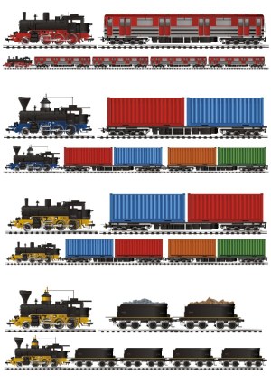 Detailed Vector Illustrations of Vintage Steam Trains and Freight Cars Free Vector