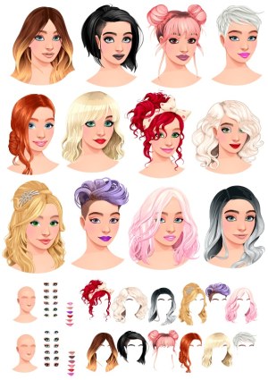 Vector Female Avatars Creator Set with Various Hairstyles and Facial Features Free Vector