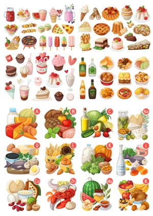 Collection of Various Food and Drink Illustrations with Nutrient Groupings Free Vector