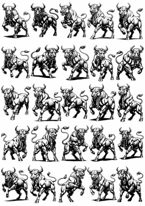 Set of Black and White Bull Vector Illustrations in Various Poses Free Vector