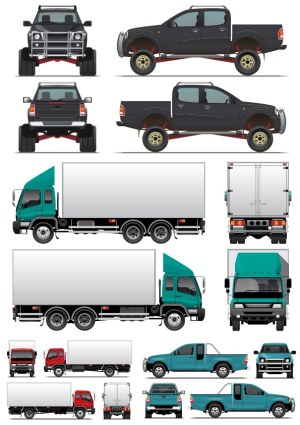 Detailed Vector Illustrations of Pickup Trucks and Cargo Trucks in Multiple Views Free Vector