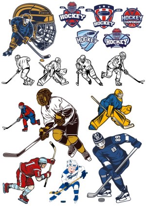 Ice Hockey Players and Emblems Vector Set Free Vector