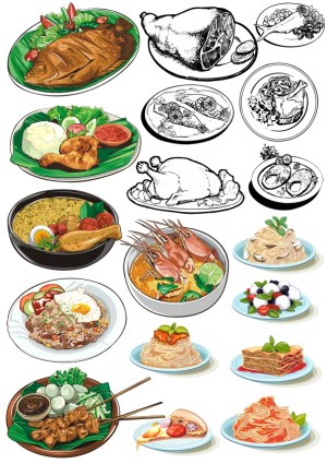 Vector Set of Various Cooked Dishes and Meals Free Vector