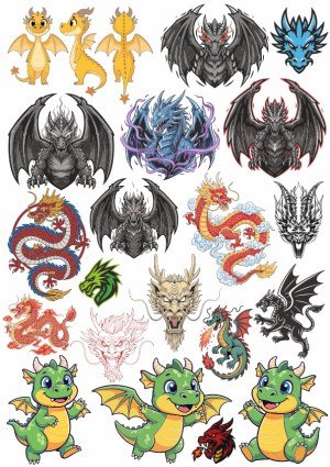 Assorted Dragon and Dragon Head Illustrations Free Vector