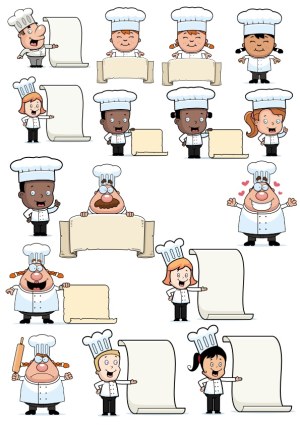 Cartoon Chefs Holding Blank Menu and Scroll Signs Free Vector