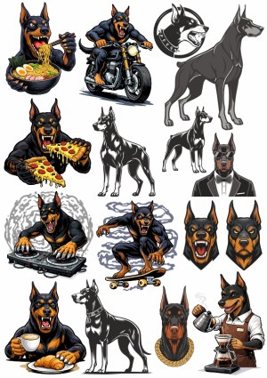 Doberman Dog Character Illustrations with Various Activities and Styles Free Vector