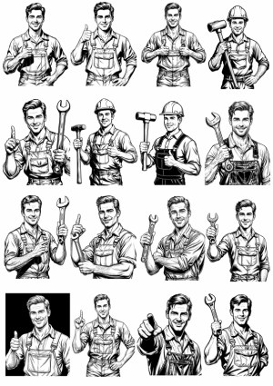 Handsome Male Construction Worker and Mechanic Sketches with Tools and Thumbs Up Free Vector