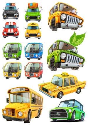 Set of Colorful Cartoon Cars, Buses, and Taxi Vector Illustrations Free Vector