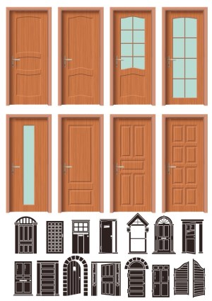 Wooden Interior Door Designs with Glass Panels and Silhouettes Free Vector