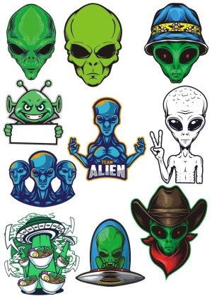 Collection of Cartoon Alien Heads and UFOs Free Vector
