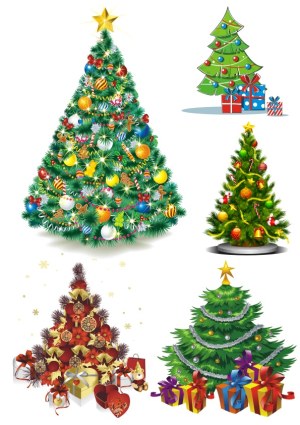 Set of Five Detailed Christmas Trees with Decorations and Gifts Free Vector