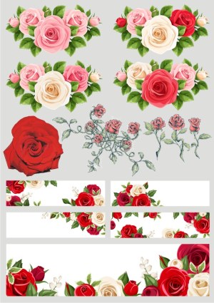 Decorative Rose Floral Arrangements and Banners Vector Set Free Vector