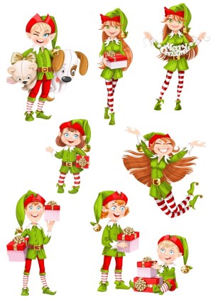 Christmas Elves with Gifts and Pets Vector Set Free Vector